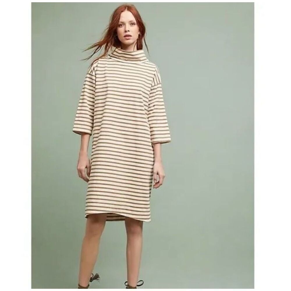 Anthropologie WHIT Brown Ivory Funnel Neck Dress L Midi Striped Cotton Lagenlook